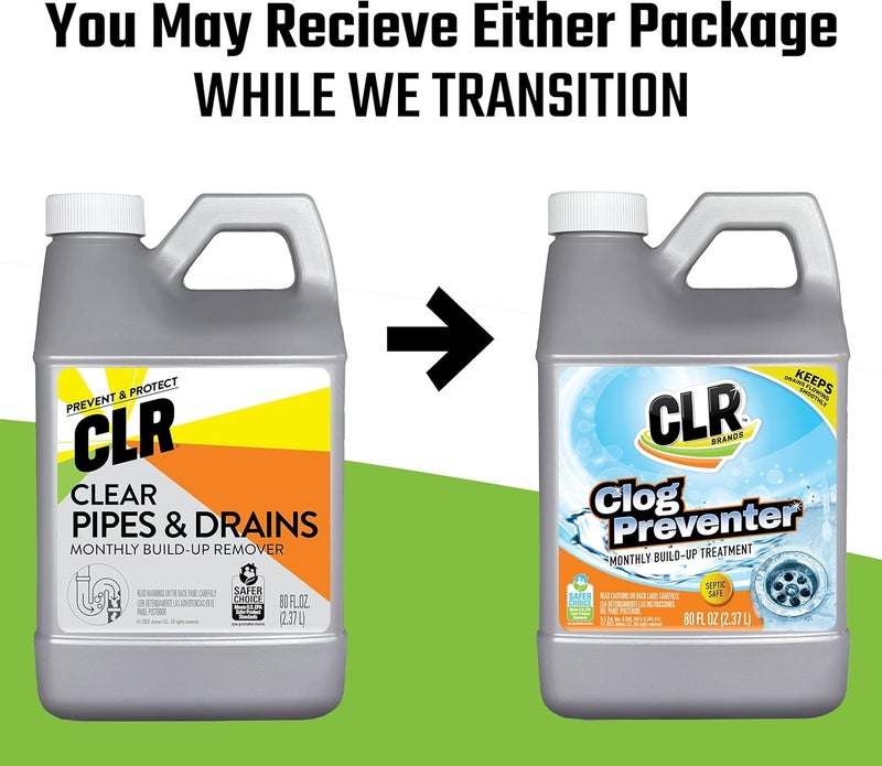 CLR Brands® Clog Preventer Clear Pipes and Drains Monthly Drain Build Up Remover, Helps Degrade Sources of Clogs to Keep Drains Flowing Smoothly, Safe on All Pipes and Drains - 80 Ounce Bottle - Image 2